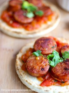 Colombian arepas with hogao (and chorizo)